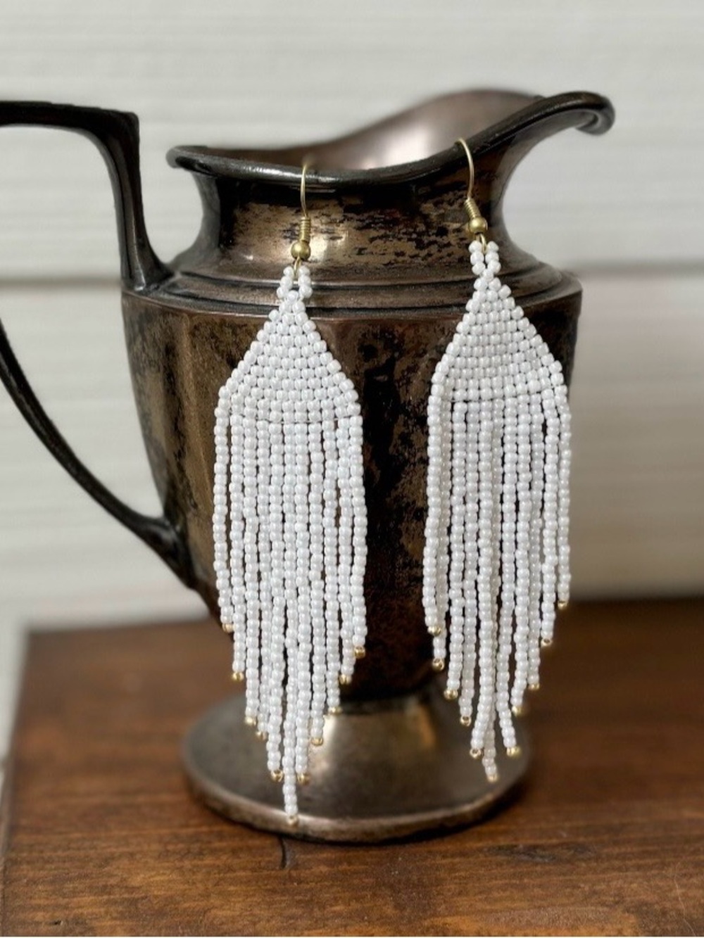 White & Gold Handmade Beaded Fringe Earrings Bridal Boho Festival Gift NEW